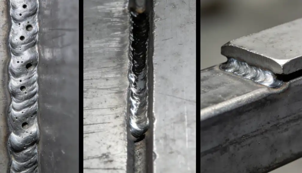A macro photography split-screen showing three common laser welding defects on steel. Panel 1: Porosity (small pinholes in the weld bead). Panel 2: Undercut (a groove melted into the base metal near the weld toe). Panel 3: Incomplete penetration (a shallow weld sitting on top of the joint). Industrial quality control aesthetic.