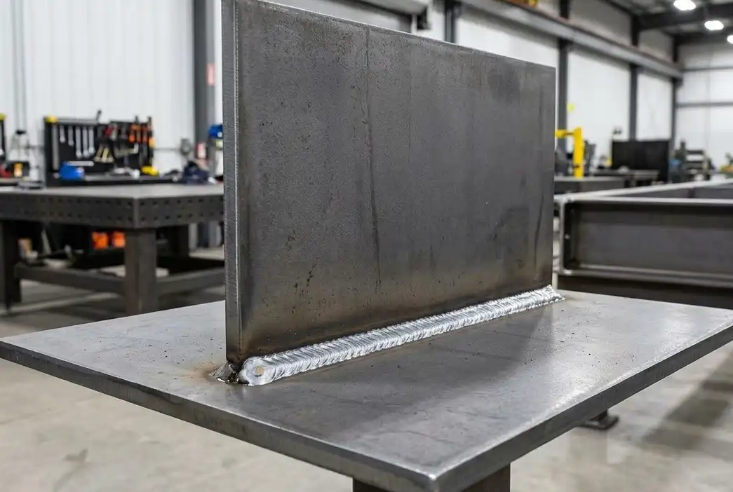 A high-quality 3D render or industrial photograph of a welded T-joint. A vertical steel plate sits 90 degrees on a flat horizontal steel plate, forming an upside-down 'T'. A distinct triangular fillet weld bead connects the two pieces along the inner corner. Clean manufacturing background.