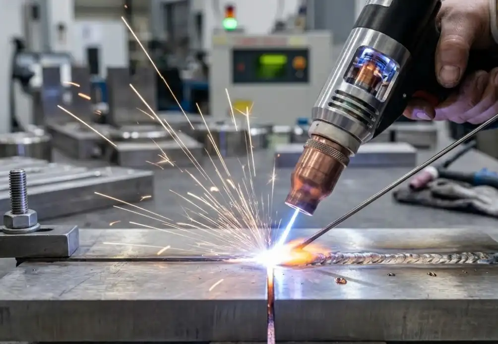 A close-up industrial photograph showing a handheld laser welding gun actively feeding a thin metal filler wire into a glowing molten weld pool bridging a noticeable gap between two metal plates. Sparks and bright light visible.