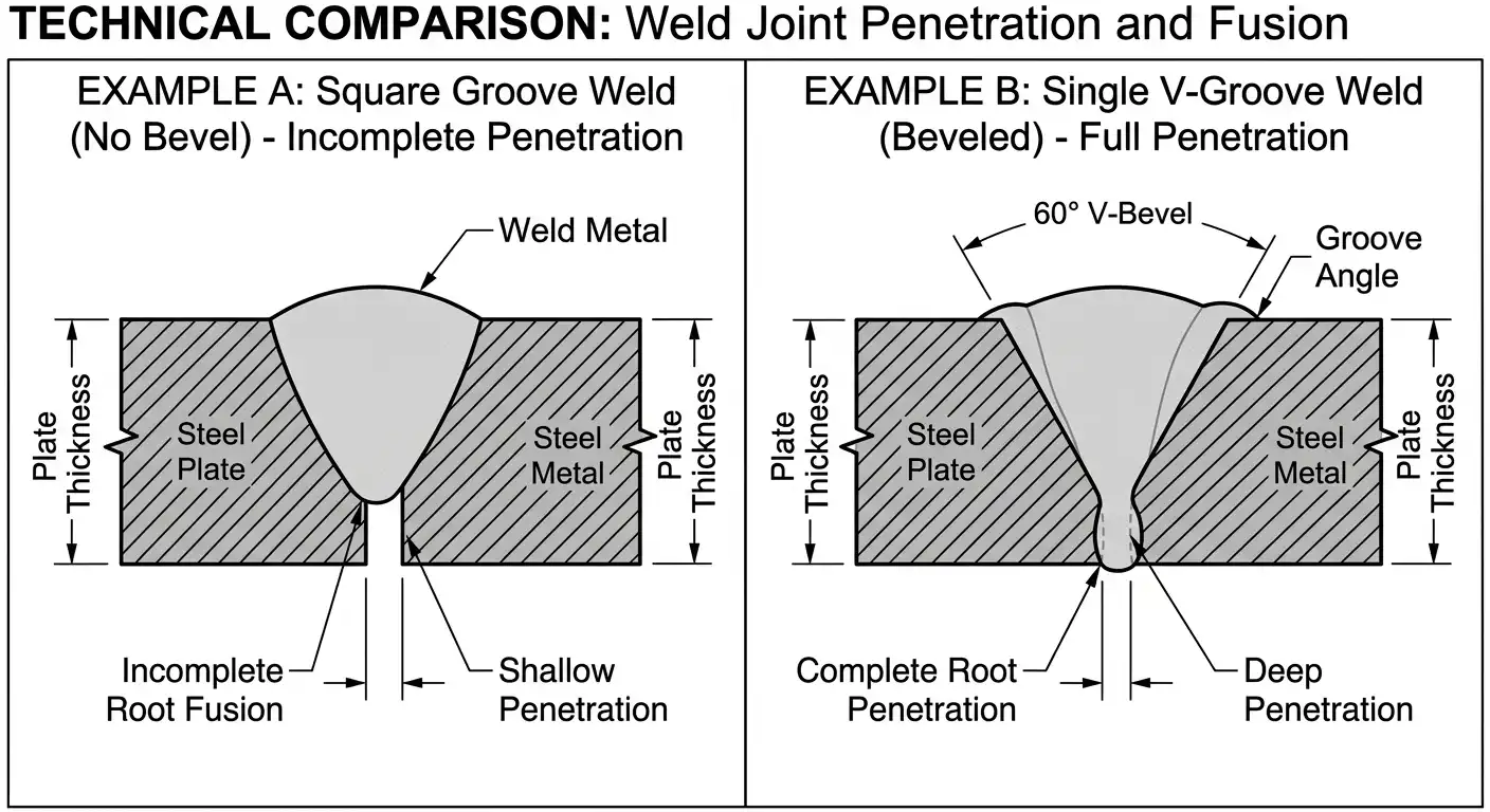 A close-up industrial photograph or realistic 3D render of a welding torch tip reaching deep into a wide V-groove bevel between two thick steel plates. The image should highlight how the angled bevel provides clear physical access for the welding tool to reach the bottom root of the joint.