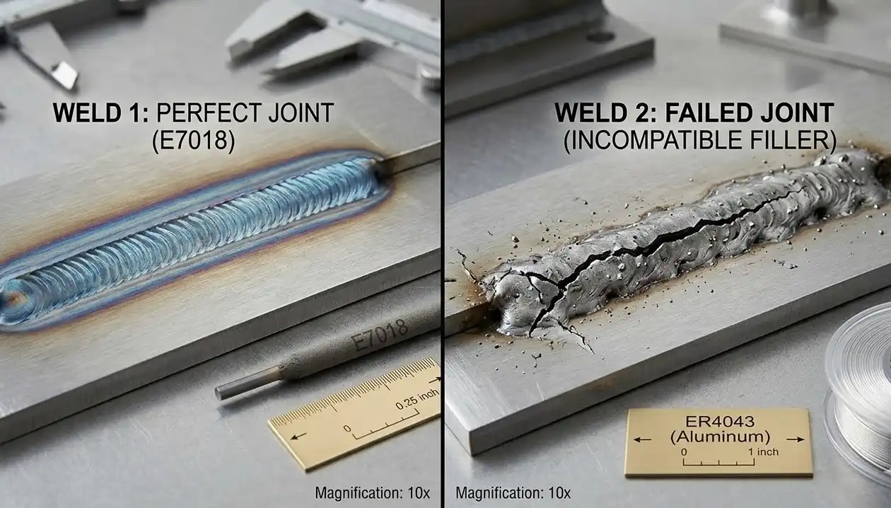 A split-screen macro photograph of two weld joints. The left side shows a perfect, smooth weld bead made with the correct filler metal. The right side shows a failed, cracked weld bead caused by using the wrong, incompatible filler metal. Industrial quality control context.