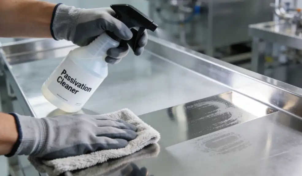 A close-up industrial photograph of a person wearing chemical-resistant gloves, using a soft microfiber cloth and a spray bottle of passivation cleaner to wipe down a shiny stainless steel surface. The surface looks pristine where it has been cleaned. Clean manufacturing aesthetic.