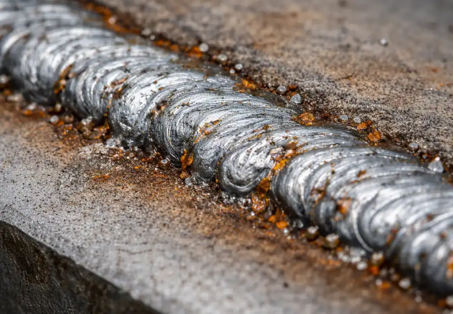 A macro, close-up photograph of a rough, unground weld seam on steel. The image clearly shows tiny crevices, pores, and ripples in the weld bead where moisture and small amounts of orange rust are already starting to gather. Industrial manufacturing context.