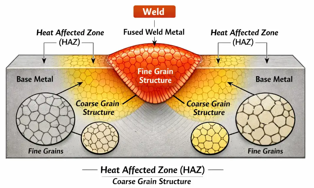 A clear technical illustration showing a cross-section of a welded metal joint. The diagram highlights the weld seam and the adjacent Heat Affected Zone (HAZ), showing how the metal grain structure changes from fine to coarse in the HAZ due to high heat. Engineering educational style.