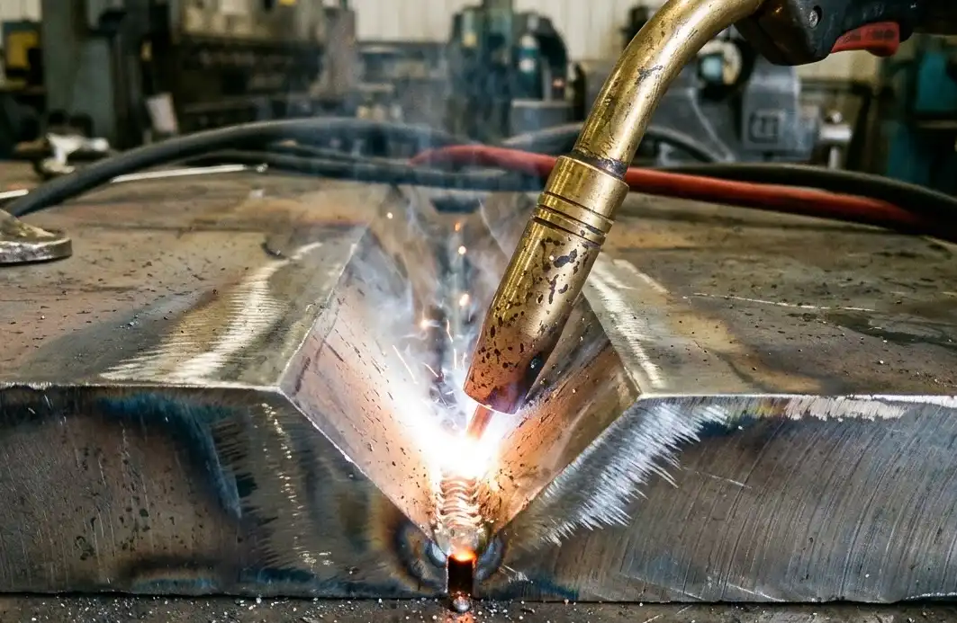 A clean, technical cross-section diagram showing two weld joints. The left joint has no bevel (square edges) and shows a shallow weld with incomplete fusion at the root. The right joint has a V-bevel, showing full and deep weld penetration bonding the metals completely. Engineering educational style.