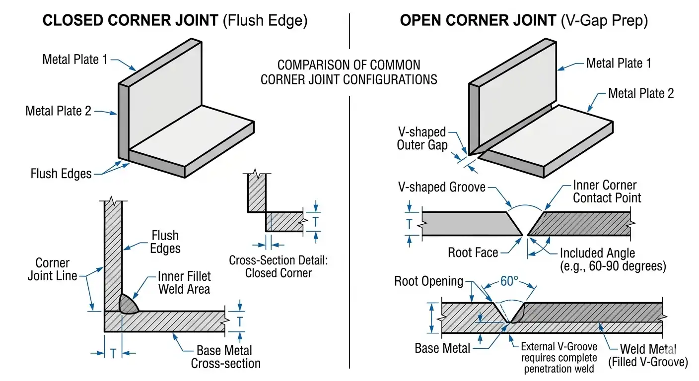 A clean technical diagram showing two types of Corner Joints in welding. The left side shows a 'Closed Corner Joint' where two metal plates form an L-shape with flush edges. The right side shows an 'Open Corner Joint' where the plates meet at the inner corner leaving a V-shaped gap on the outside. Engineering educational style.