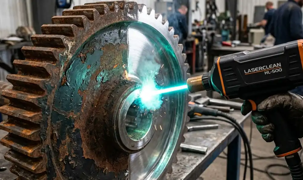 A pulse laser cleaning machine effectively removing rust from a metal part, demonstrating precision and lack of substrate damage.