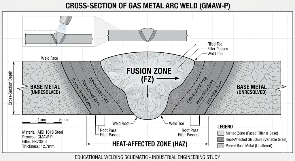 A clean, educational cross-section diagram of a metal weld. The diagram clearly labels the 'Fusion Zone' in the center where metals have melted together, the 'Heat-Affected Zone (HAZ)' surrounding it, and the 'Base Metal'. Industrial engineering style.