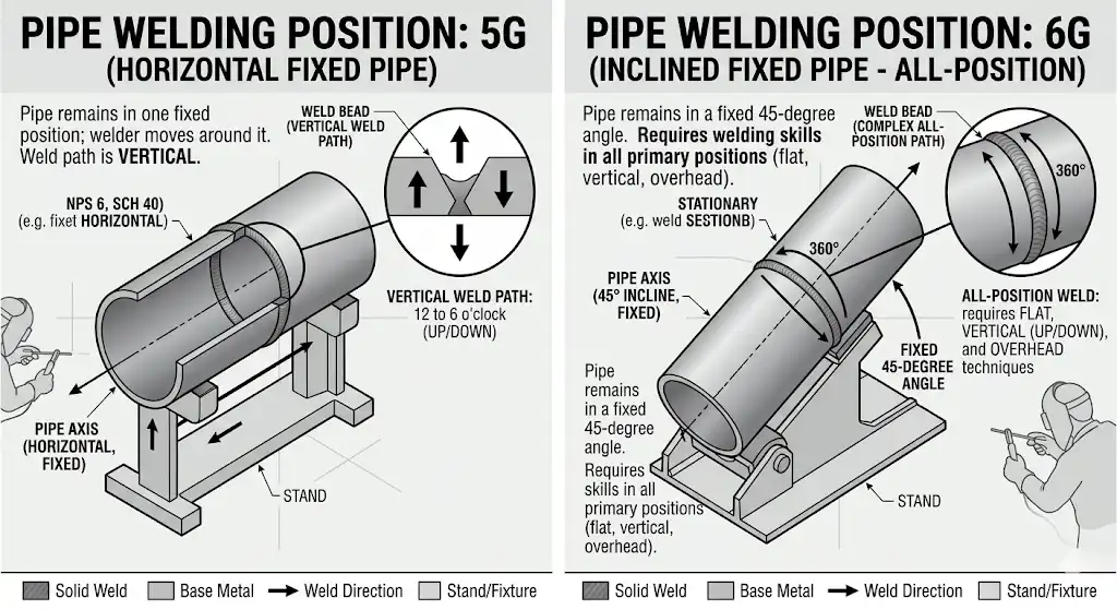 A clean, educational diagram illustrating pipe welding positions. On the left, it shows the 5G position (pipe fixed horizontally, weld is vertical). On the right, it shows the 6G position (pipe fixed at a 45-degree angle, requiring welding in all positions). Engineering textbook style.