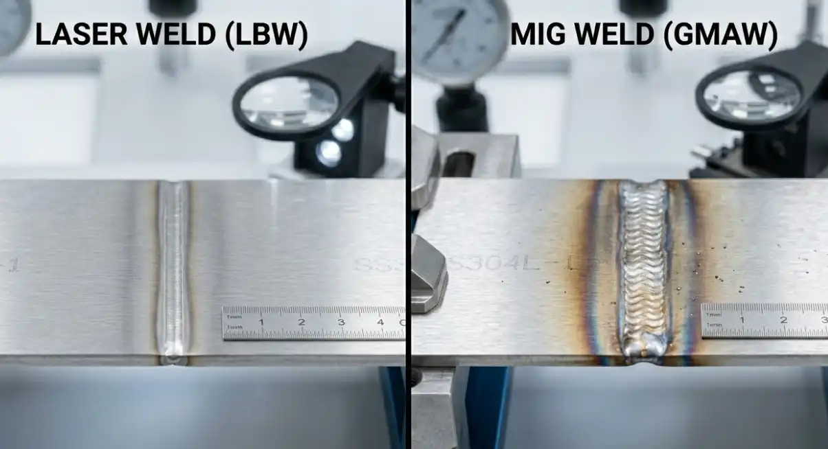 A side-by-side macro photograph comparing two weld seams on thin metal. The left shows a highly precise laser weld with a very narrow heat-affected zone. The right shows a traditional MIG gas-shielded weld with a wider bead and noticeable heat discoloration. Industrial quality control aesthetic.