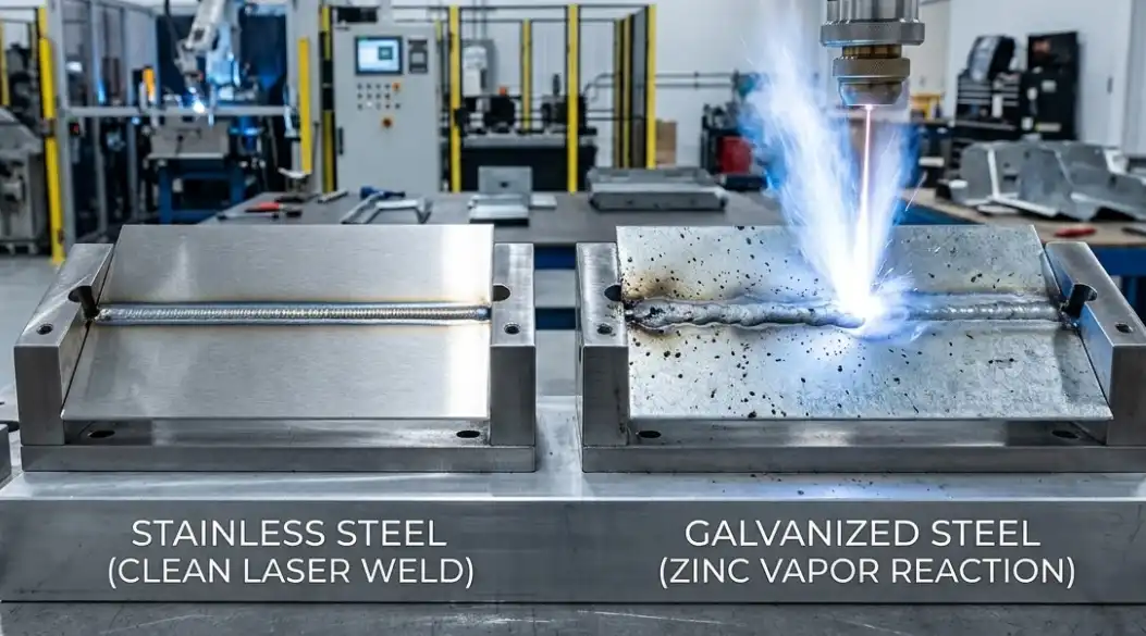 A high-quality industrial photograph showing two metal samples being laser welded. On the left, a piece of stainless steel showing a clean, precise laser weld bead. On the right, a piece of galvanized steel showing a laser weld with a slight zinc vapor flare, emphasizing the difference in material reaction. Clean manufacturing setting.
