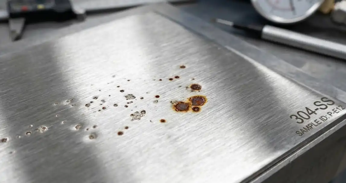 A macro photography shot of 304 stainless steel surface showing early stages of pitting corrosion and small reddish-brown rust spots. The image should highlight the contrast between the shiny metallic surface and the oxidized, rusty pits. Industrial engineering context.