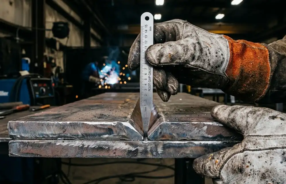 A close-up industrial photograph of a welder's gloved hands using a metal root gap gauge (taper gauge) to precisely measure the space between two beveled steel plates before welding. Sharp focus on the gauge and the gap. High-quality manufacturing setting.