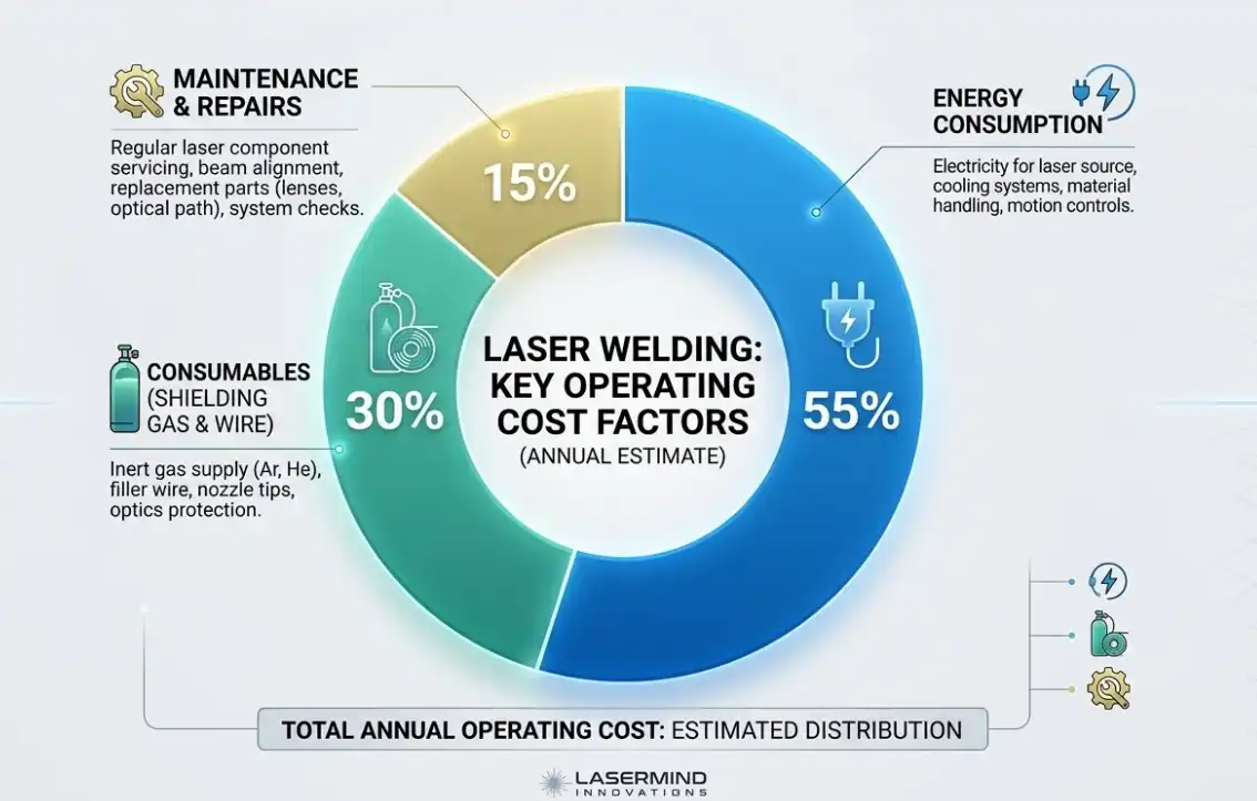 A clean, modern financial pie chart graphic illustrating the operating cost factors of laser welding. The chart is divided into three main slices: 'Energy Consumption', 'Consumables (Shielding gas & wire)', and 'Maintenance & Repairs'. Corporate presentation style.