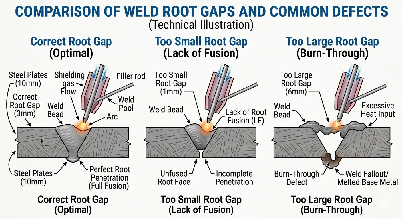 A clean technical illustration showing a cross-section comparison of three weld root gaps. Left: Correct root gap showing perfect weld penetration. Middle: Too small root gap showing lack of root fusion. Right: Too large root gap showing burn-through defect. Engineering textbook style, highly detailed and educational.