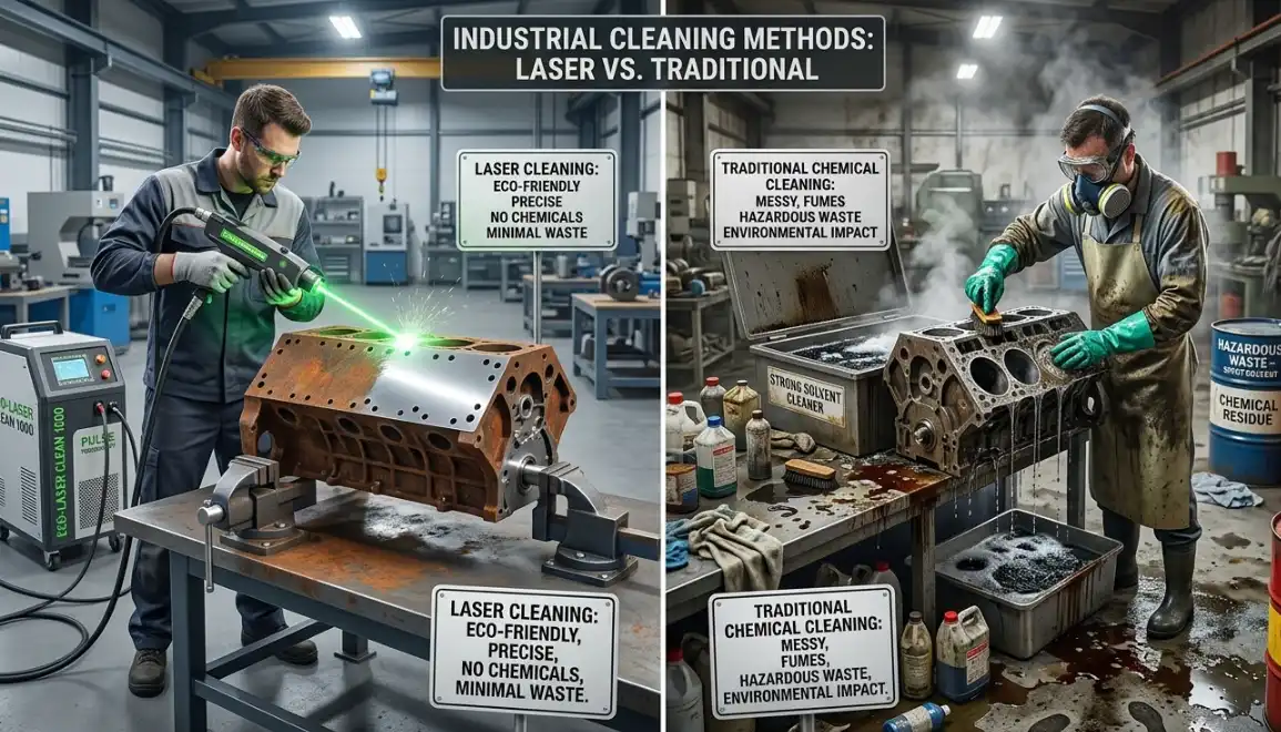 Side-by-side comparison of eco-friendly pulse laser cleaning versus traditional chemical cleaning methods.