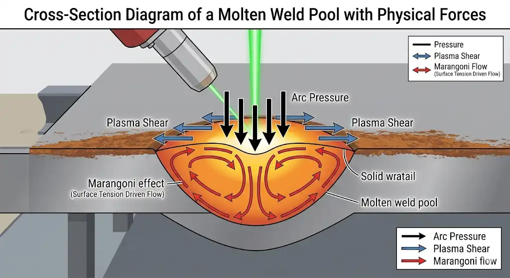 A cross-section diagram of a molten weld pool under a welding torch. The diagram uses arrows to illustrate physical forces: downward arrows for 'Arc Pressure', sideways arrows for 'Plasma Shear', and circulating arrows inside the liquid pool for the 'Marangoni effect'. Clean educational style.