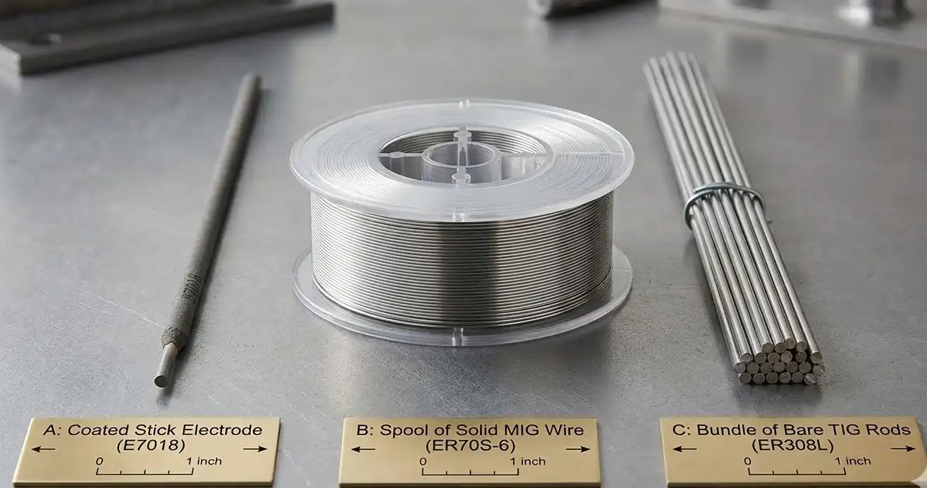 A clean, high-quality industrial photograph showing three different forms of welding filler metals laid out side-by-side: a coated stick electrode, a spool of solid MIG welding wire, and a bundle of bare TIG welding rods. Engineering textbook style.