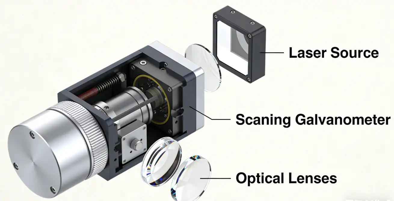 Close-up view of the internal components of a pulse laser cleaning machine, including the laser source and optical system.