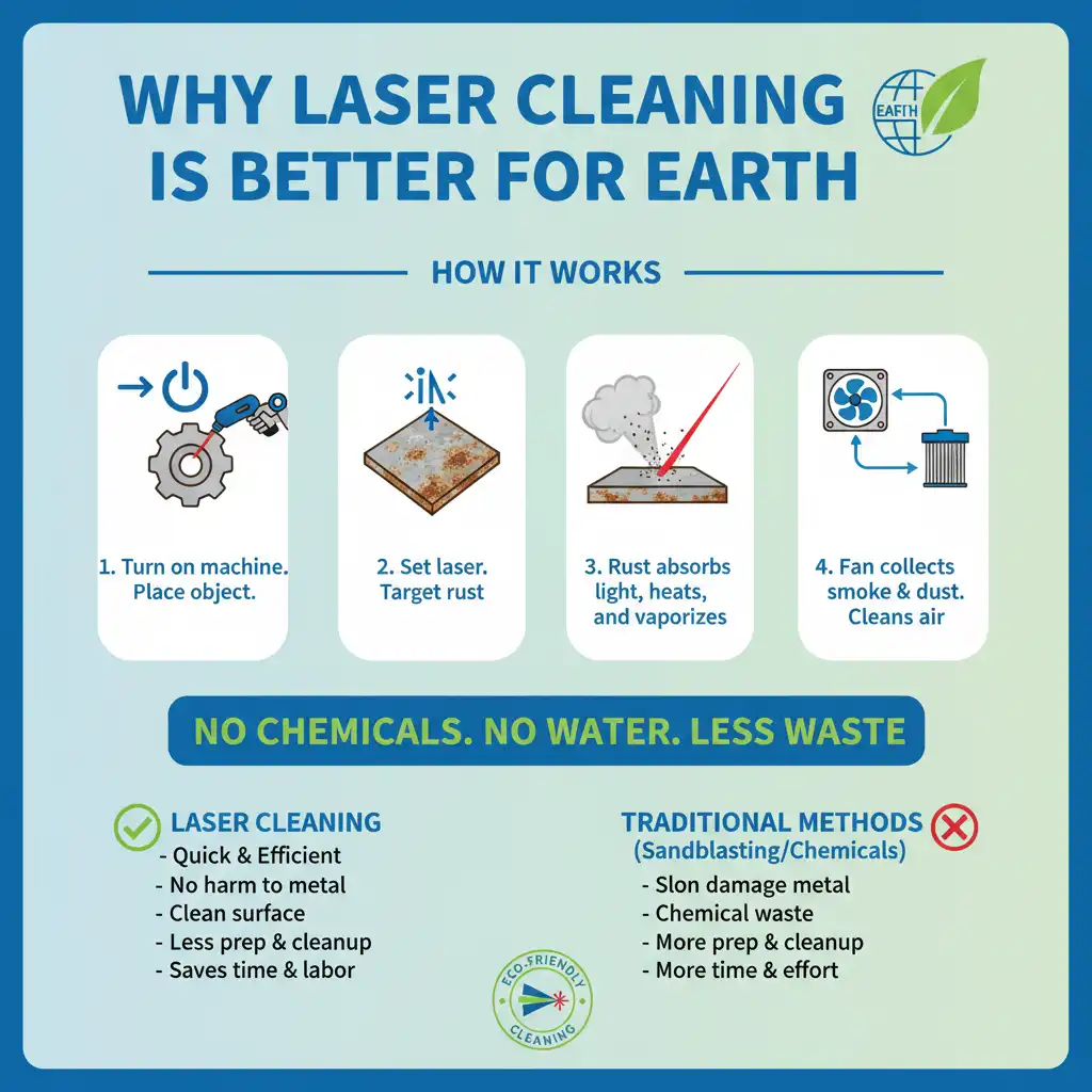 Infographic Why laser cleaning is eco-friendly and better than sandblasting or chemicals.