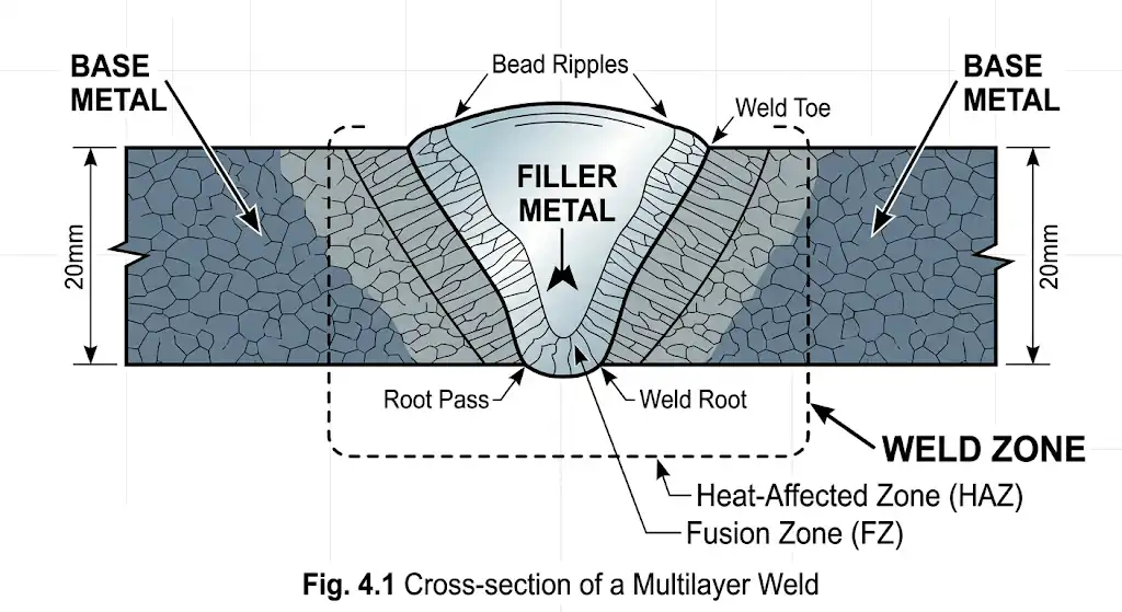 A clean, technical cross-section diagram of a welded joint. The diagram clearly labels the two original pieces of metal as 'Base Metal', the added melted material in the center as 'Filler Metal', and the combined central area as the 'Weld Zone'. Engineering textbook style.