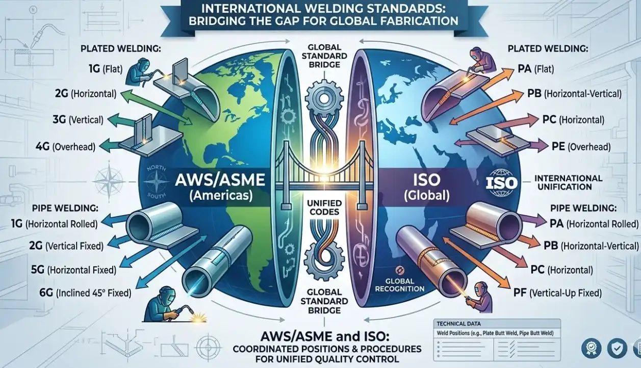 A professional infographic showing a split globe. On one side it says 'AWS/ASME (Americas)' with codes like 1G, 2G. On the other side it says 'ISO (Global)' with codes like PA, PC. The graphic should imply international welding standards bridging together. Corporate technical style.
