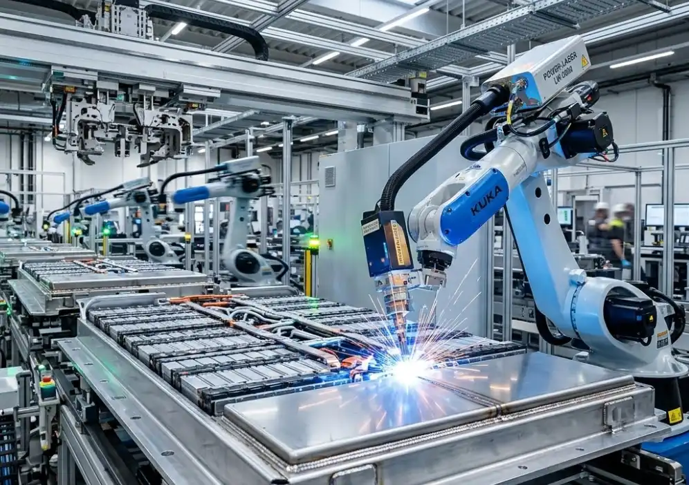 A high-tech industrial photograph of a robotic laser welding arm precisely welding an electric vehicle (EV) battery pack in a modern automotive manufacturing plant. Bright laser sparks and clean metal surfaces are visible. Automated production line context.