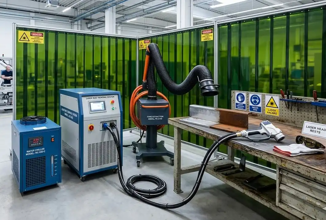 A professional industrial photograph of a complete handheld laser rust removal system in a factory setting. The setup includes the main laser source cabinet, a connected water chiller, a heavy-duty fume extraction unit with a thick hose, and laser safety barrier curtains in the background. Clean, high-tech manufacturing style.