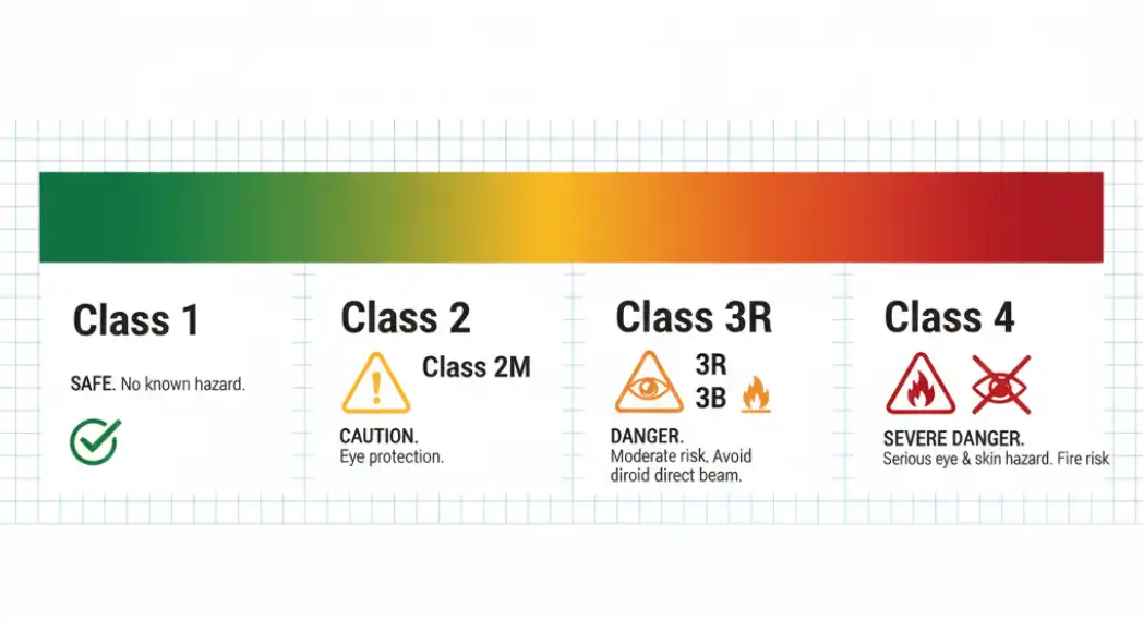 A modern, clean technical infographic charting the laser classification system from Class 1 to Class 4. Show a color gradient from safe green (Class 1) through yellow/orange to danger red (Class 4). Include simple warning icons like an eye and a flame next to Class 3B and Class 4.
