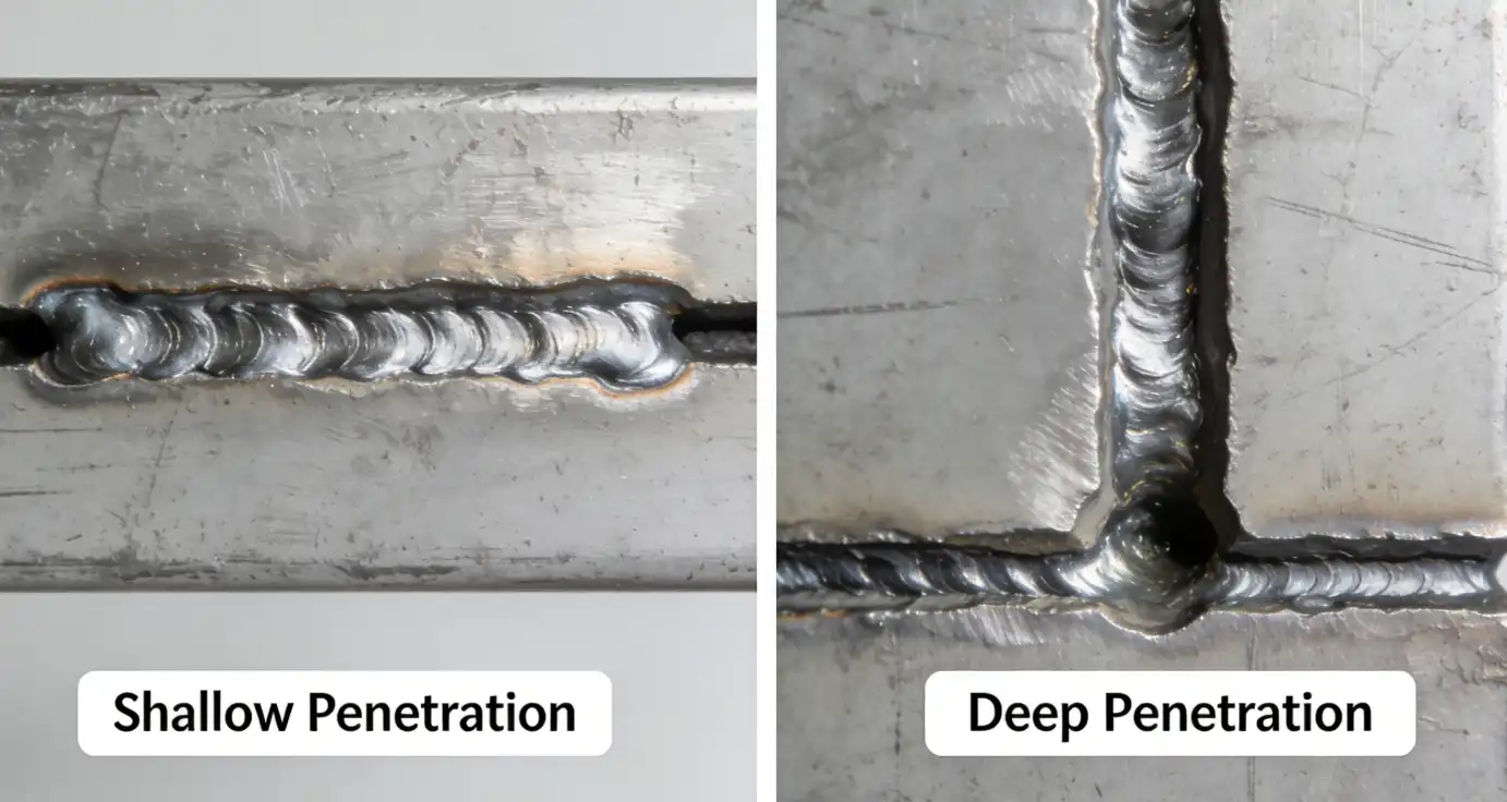 A side-by-side macro photograph comparison of two weld cross-sections. The left image shows a 'Shallow Penetration' weld where the melted metal sits mostly on top of the surface. The right image shows a 'Deep Penetration' weld where the melted metal reaches far down into the base material joint. Industrial quality control context.