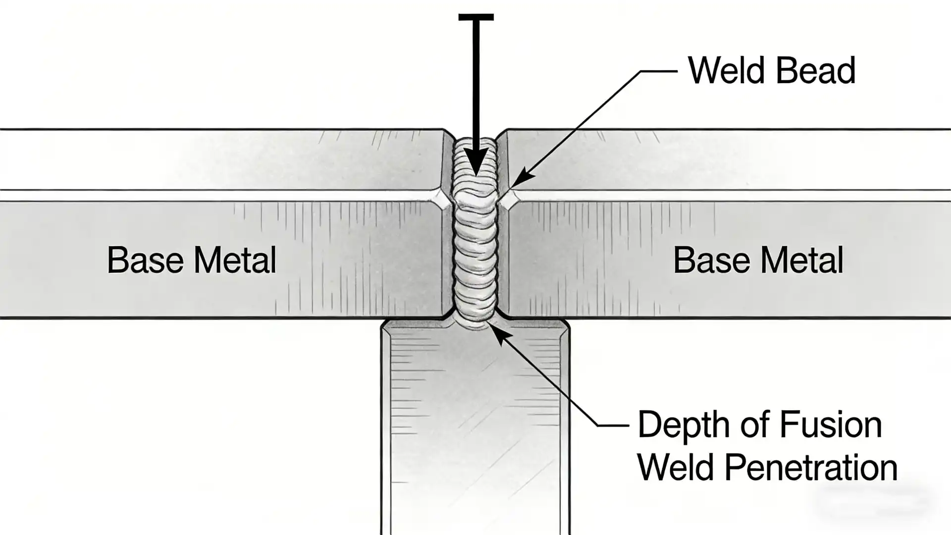 A clean, technical cross-section diagram of a T-joint weld. The diagram clearly labels the 'Base Metal', the 'Weld Bead', and uses an arrow to indicate the 'Depth of Fusion' or 'Weld Penetration' extending down into the base metal. Engineering textbook style.