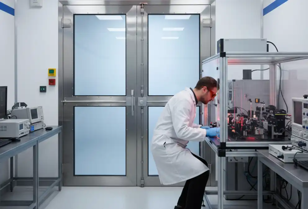 A professional photograph of a safe laser controlled laboratory environment. The image shows a glowing red warning sign above an interlocked door, a researcher wearing specialized laser safety eyewear (goggles) working with an enclosed optical table setup, clean and modern scientific facility.