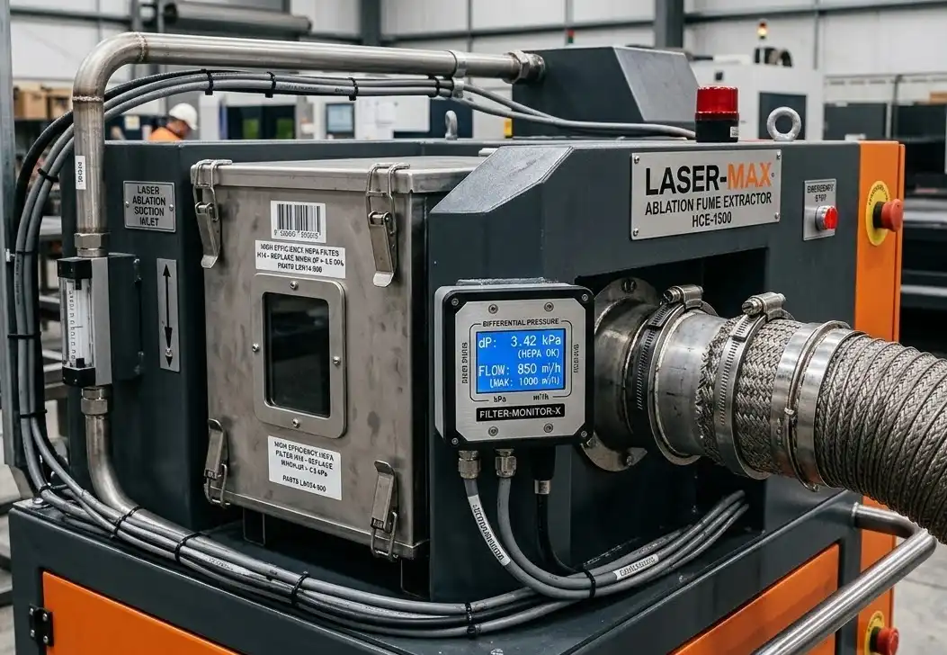 A close-up of a high-capacity industrial fume extractor unit designed for laser ablation, showing thick vacuum hoses, HEPA filter housing, and a digital differential pressure gauge monitoring the airflow, realistic engineering photography.