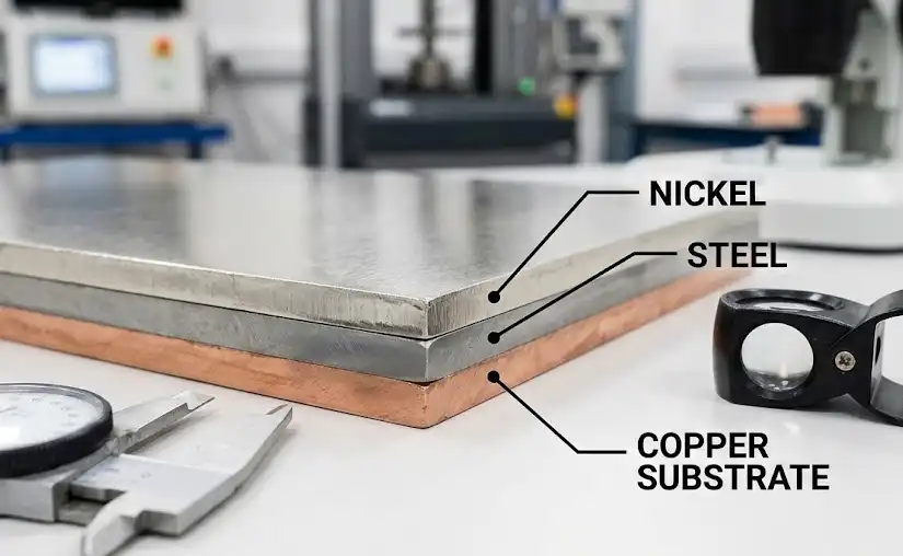 Nickel‑plated steel on copper