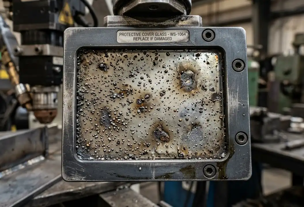 A close-up, high-resolution photograph of a damaged laser welding protective cover slide glass. The glass is covered in small, metallic spatter droplets and burn marks. Industrial engineering context.