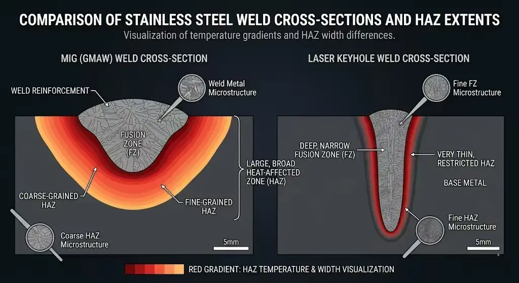 A clean technical cross-section comparison diagram of two stainless steel welds. On the left, a wide MIG weld showing a large, broad heat-affected zone (HAZ) with red gradient colors. On the right, a deep, narrow laser keyhole weld showing a very thin, restricted heat-affected zone. Engineering textbook style, dark background.