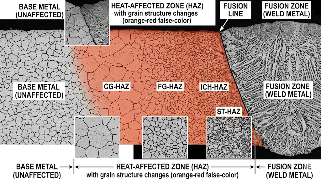 A high-resolution metallurgical microscope image (micrograph) showing the cross-section of a steel weld. Clearly visible regions including the base metal (unaffected), the Heat-Affected Zone (HAZ) showing grain structure changes, and the fusion zone. Black and white technical materials science photography with false-color highlighting the HAZ.