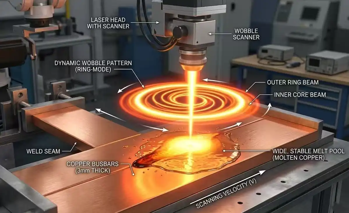 A 3D technical illustration showing a laser welding beam with a "ring-mode" or "wobble" pattern interacting with a copper busbar. The image should highlight a wide, stable melt pool with an inner core beam and an outer ring beam, glowing intensely.