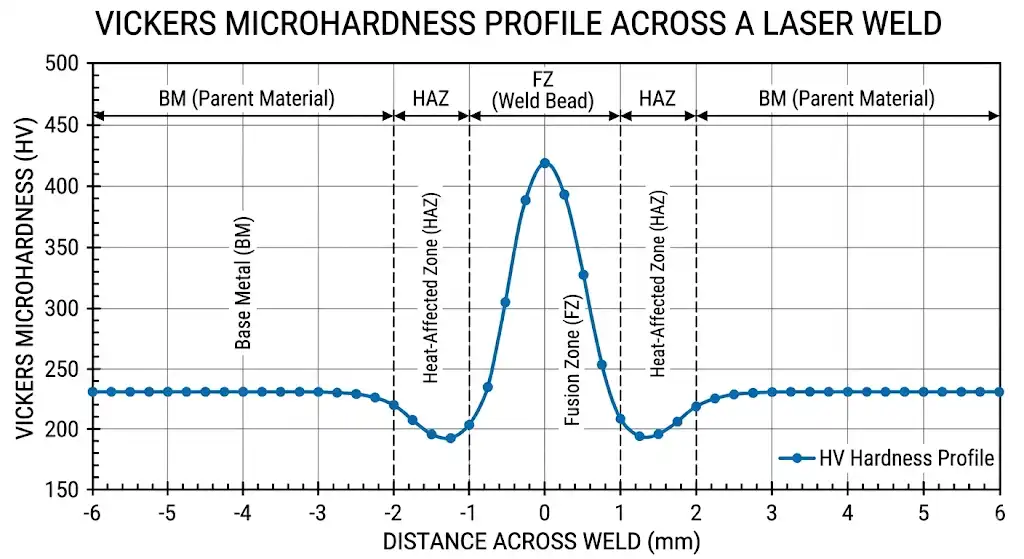A clean, technical line graph plotting Vickers microhardness (HV) across a laser weld. The x-axis represents distance across the Base Metal (BM), Heat-Affected Zone (HAZ), and Fusion Zone (FZ). The y-axis shows hardness values. The curve shows a distinct peak in the FZ and a slight dip in the HAZ. Modern engineering textbook style.