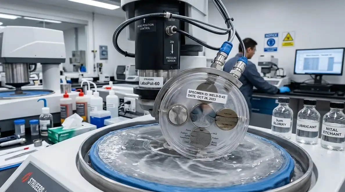 A close-up photograph of a mounted metallurgical weld specimen being polished on a rotating polishing machine with a slurry in a bright, clean materials science laboratory. High tech engineering context.