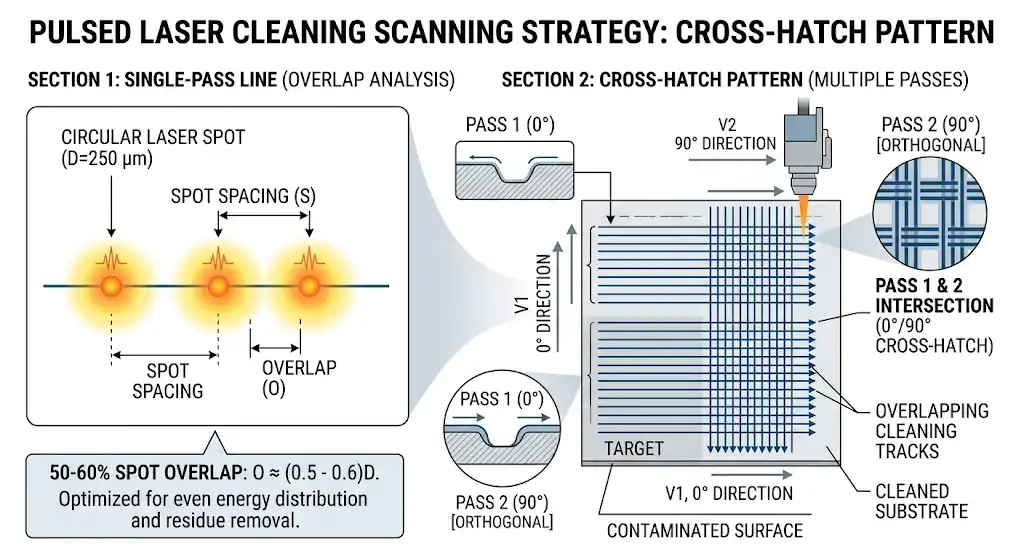A technical schematic diagram showing pulsed laser cleaning scanning strategy. It illustrates circular laser spots overlapping each other by 50-60% along a horizontal line, and then creating an orthogonal 0/90 degree cross-hatch pattern. Clean, modern engineering textbook style.