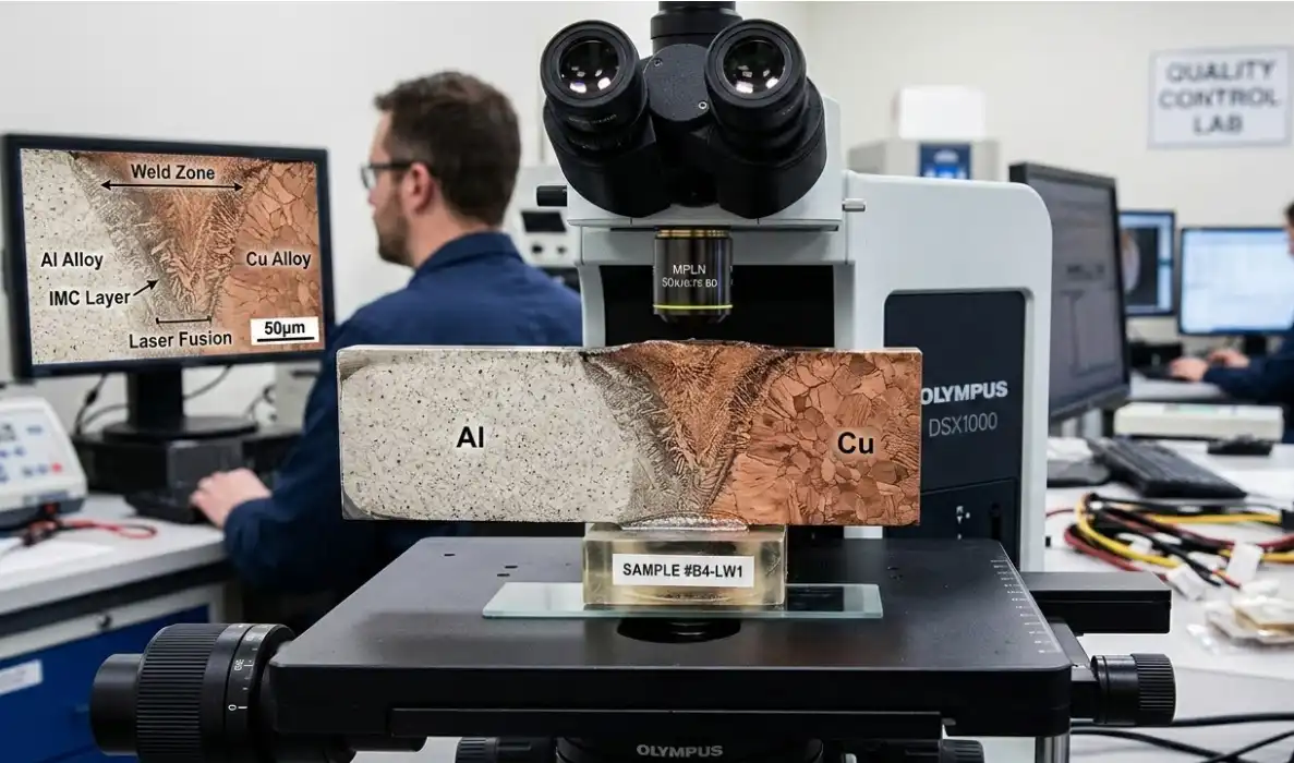 A close-up macro photograph of a cross-sectioned copper-to-aluminum laser weld on a battery busbar, polished and etched for metallurgical analysis, being inspected under an industrial microscope in a quality control lab. Clean, technical engineering environment.