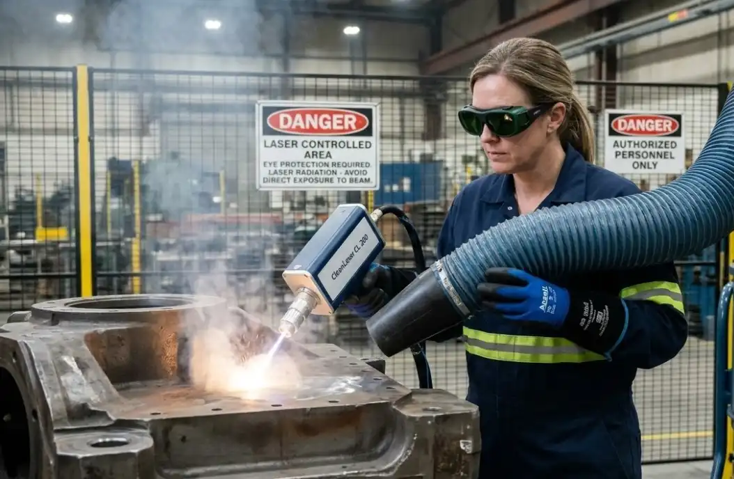 A professional factory worker operating an industrial laser cleaner inside a designated Laser Controlled Area. The worker is wearing specialized laser safety goggles and protective gloves, with a high-capacity local exhaust ventilation (LEV) hose positioned very close to the ablation zone. OSHA safety signage visible in the background.