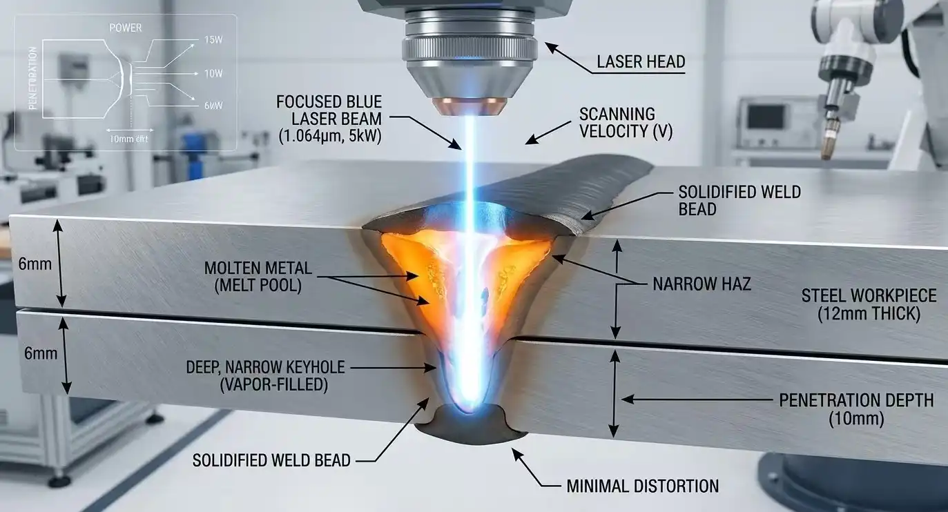 A detailed 3D technical rendering showing a cross-section of a laser keyhole welding process. A bright blue laser beam is concentrated into a deep, narrow vapor-filled cavity (keyhole) in the metal, with minimal heat spreading to the sides. High-tech engineering style.