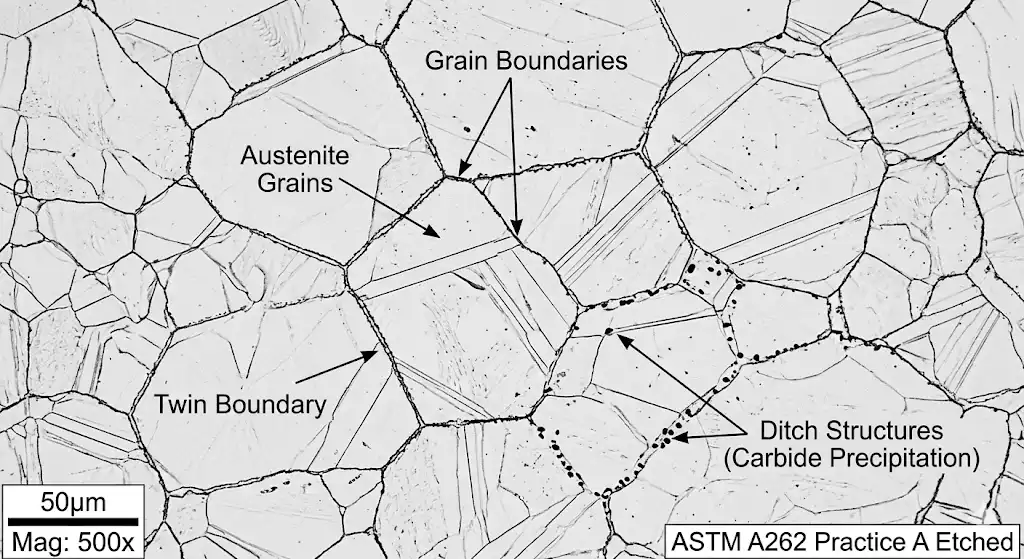 A high-resolution metallurgical microscope image (micrograph) of an etched austenitic stainless steel sample (ASTM A262 Practice A), showing clear grain boundaries and early signs of carbide precipitation (ditch structures) along the grain boundaries. Black and white technical materials science photography.