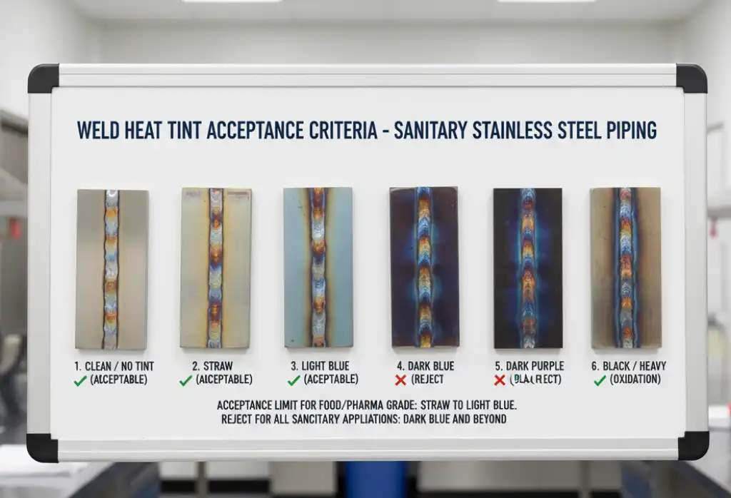 A visual quality control chart used in industrial welding, showing various levels of heat tint on stainless steel weld samples, ranging from clean silver to dark purple and black, labeled for sanitary piping acceptance limits, clean technical presentation.