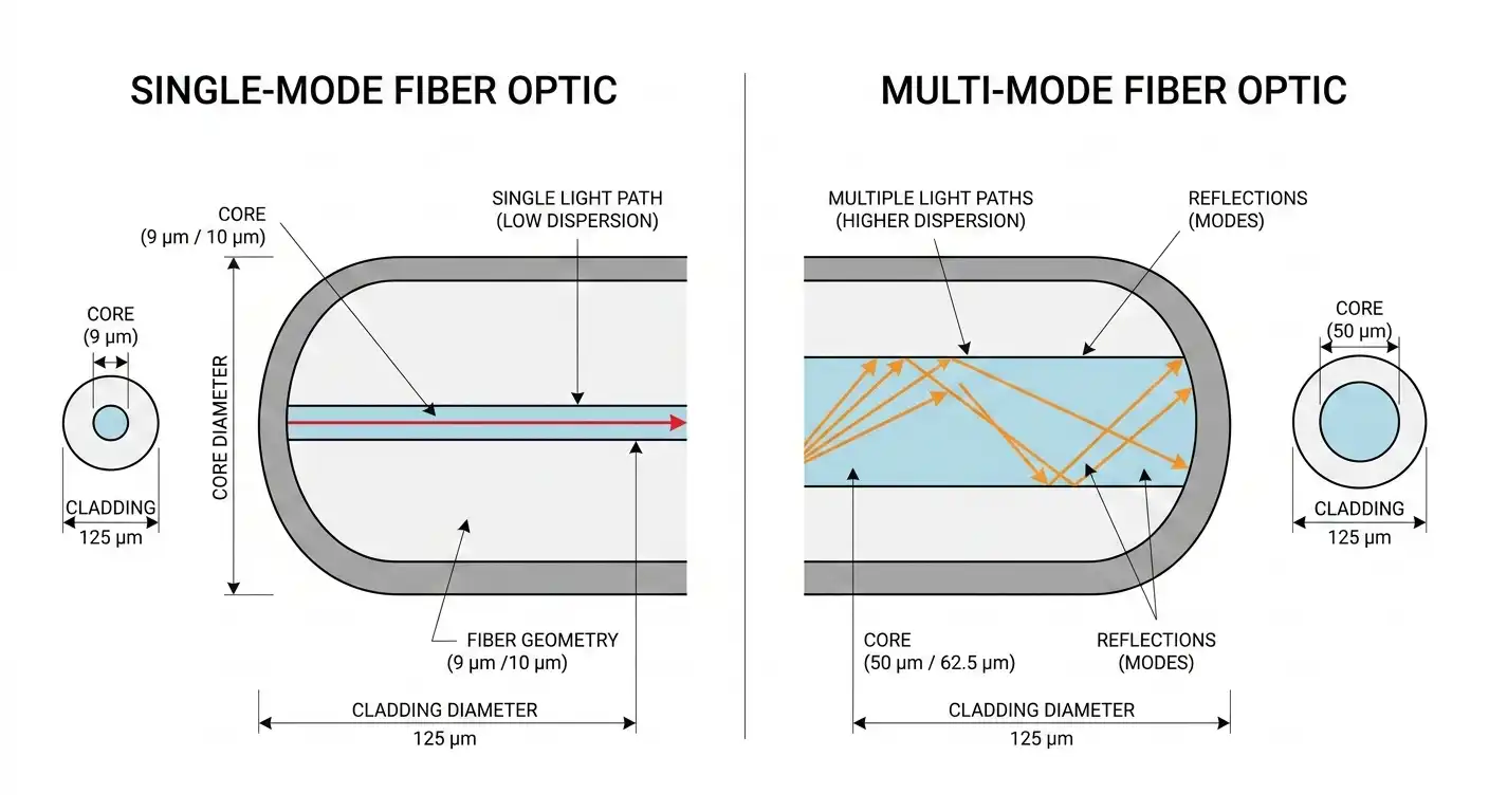 A clean, modern technical diagram illustrating the difference between single-mode and multi-mode fiber optics. The diagram should show cross-sections of the fibers, highlighting the small core (9-10 µm) for single-mode with a straight single light path, and a larger core (50/62.5 µm) for multi-mode showing multiple bouncing light paths (modes). Minimalist engineering style, white background.