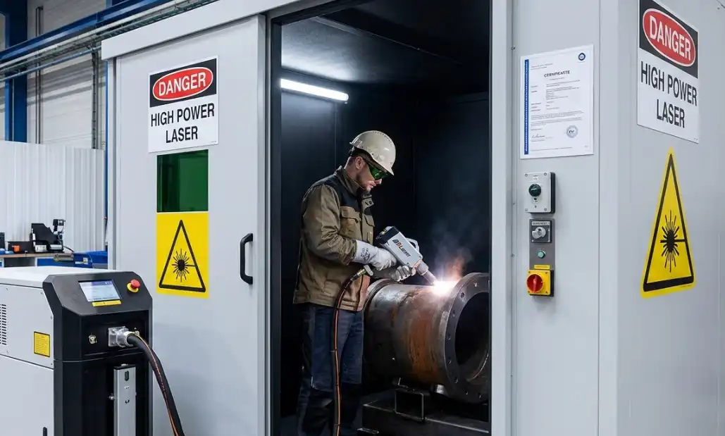Industrial worker wearing laser safety eyewear operating a laser cleaning machine in a compliant, enclosed safety environment.
