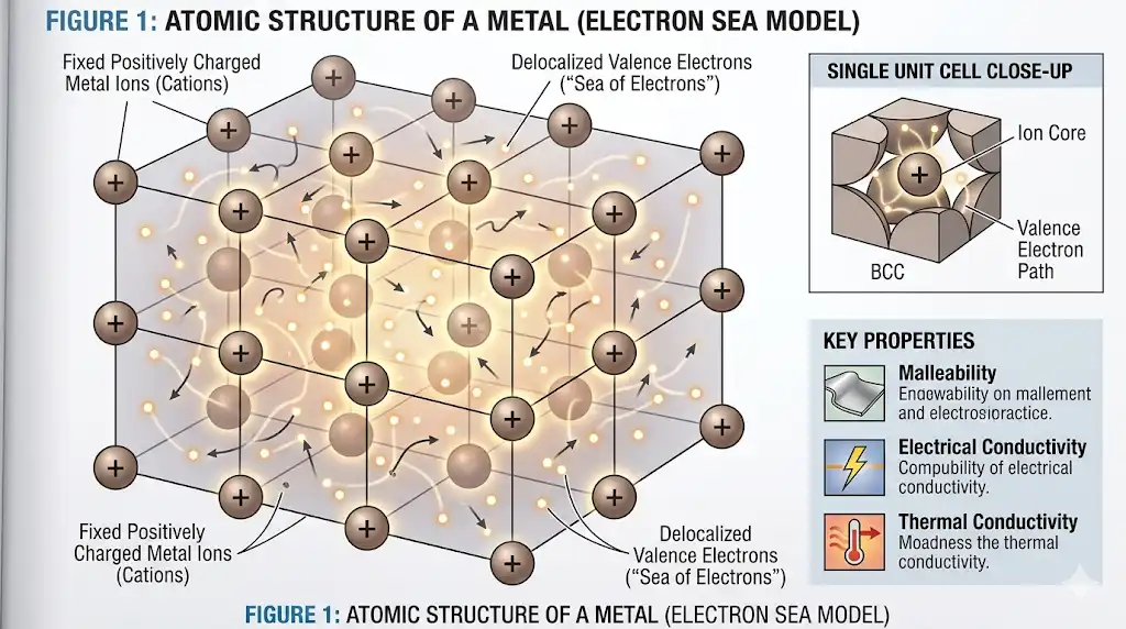 A clean, educational 3D scientific diagram illustrating the atomic structure of a metal. It shows a neat crystal lattice of positively charged metal ions (spheres) surrounded by a "sea" of free-moving valence electrons (smaller glowing dots or waves). Engineering textbook style.