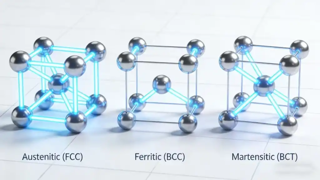 A high-quality 3D render illustrating the crystalline atomic structures of stainless steel: Austenitic (Face-Centered Cubic), Ferritic (Body-Centered Cubic), and Martensitic (Body-Centered Tetragonal). The metallic atoms are connected by glowing bonds. Clean, scientific background.